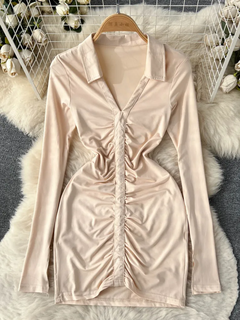 

Foamlina New Spring Autumn Women's Dress Sexy V-neck Long Sleeve Slim Fit Bodycon Ruched High Elastic Mini Party Sheath Dress