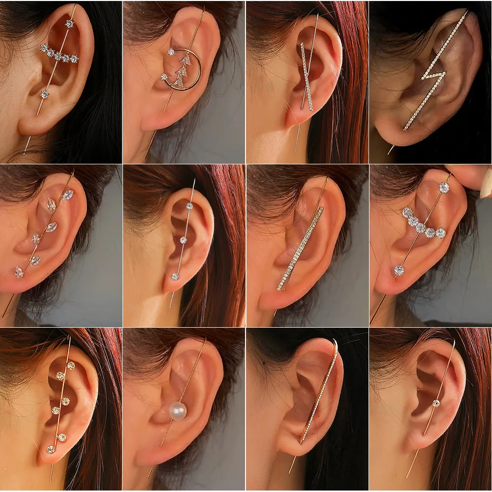 

New Cold Wind Embedded Drill Ear Hanging Personality Simple Piercing Ear Pin Female Lightning Leaf Auricle Slash Ear Stud