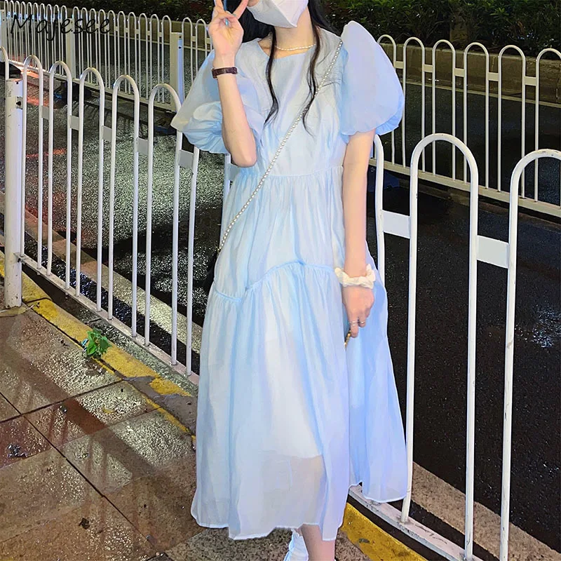 

Short Puff Sleeve Dress Women Blue Preppy Style Summer Fashion A-line High Waist Mujer Ins Casual Temper Solid Mid-calf BF Sweet