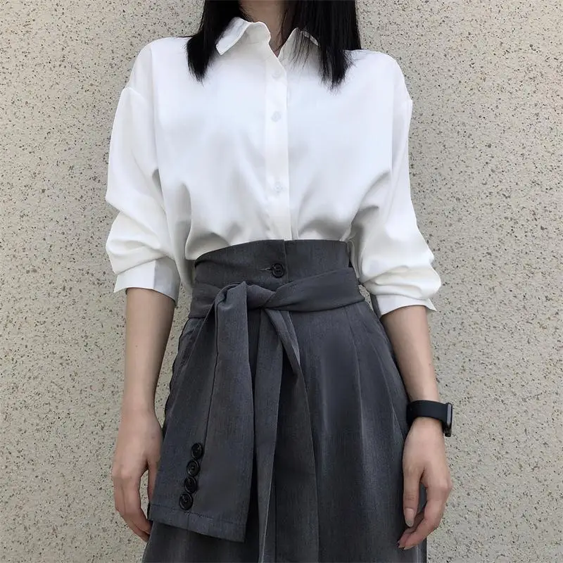 

Women's White Long Sleeved Shirt Women's Fashion Trend Retro Hong Kong Style Shirt Large Size Versatile Loose Casual Top