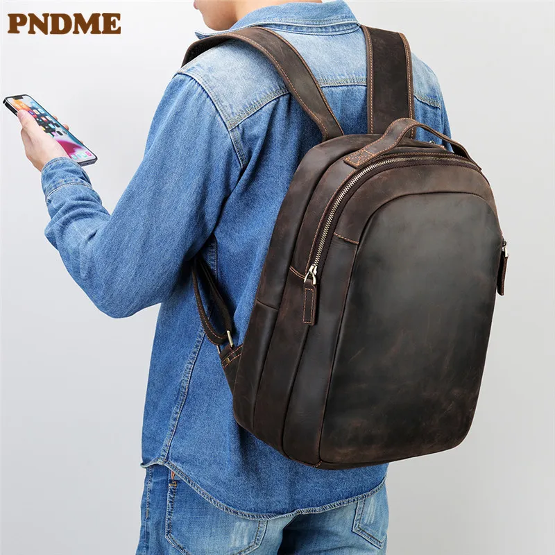 PNDME simple vintage crazy horse cowhide men's backpack casual outdoor travel luxury genuine leather double zipper bagpack