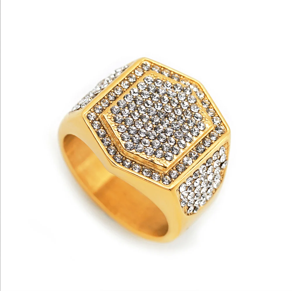 

Iced Out Mens Ring Gold Color Stainless Steel Cubic Zirconia Big Hexagon Rings For Men Rapper Hip Hop Bling Jewelry Dropshipping