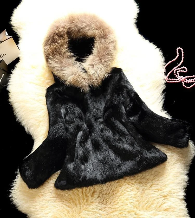 women's Real genuine New natural rabbit fur coat with raccoon fur hood girl's fashion jacket warm winter outwear
