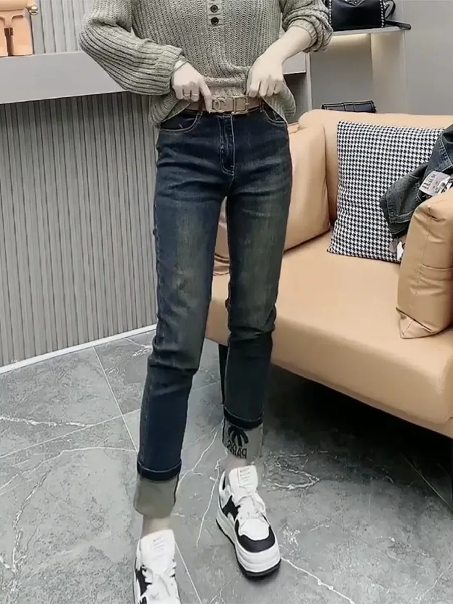 Джинсы Y2k с флисом утолщенные эластичные дымчатые женские джинсы новинка 2023