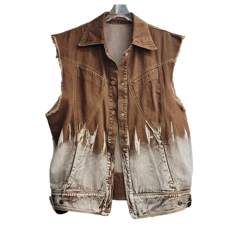 

Brown Tie Dye Contrasting Color Denim Vest Women Waistcoat Loose Burrs Cowboy Sleeveless Jacket Coat Mid Long Jeans Vest Female