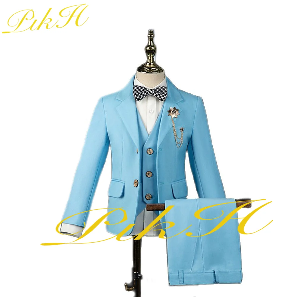 Sky Blue Boys Suit 3 Piece Wedding Jacket Pants Vest Kids Tuxedo Child Blazer Set Slim Fit Fashion Custom Complete Outfit