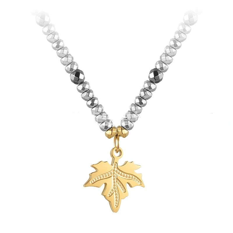 

18K Gold Plated Titanium Steel European and American Black Gallstone Beaded Chain Maple Leaf Pendant Fashion Necklace