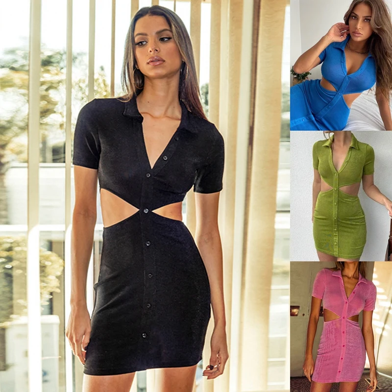 

ASDS-Women's Short Sleeve Lapel Single-Breasted Fashion Slim Dress