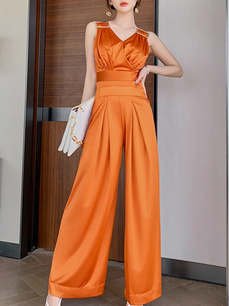 

Summer Elegant Retro Sexy Women Long Pants V-neck Folds Tank Sleeveless High Waist Wide Leg Femme Rompers Vacation Office Street