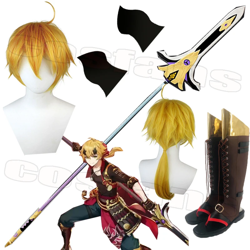 

Genshin Impact Thoma Game weapon Accessories Uniform Cosplay Costume Thoma Yellow Wigs Shoes Halloween Carnival Party Role Play