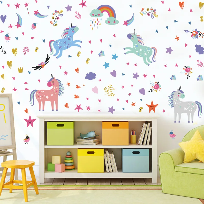 

New Cartoon Colorful Unicorn Stars Clouds Rainbow Wall Stickers Living Room Bedroom Kids Room Background Decorative Painting