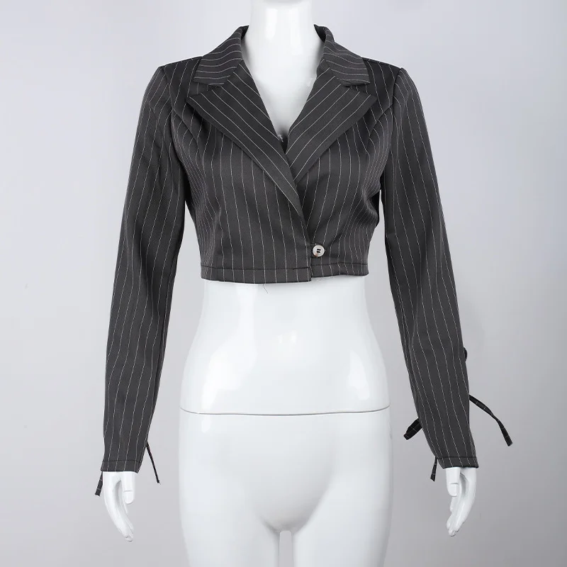 Y2k Grey Striped Short Blazer Suit with Arm Tie 2023 Women Summer Single Button Casual Office Blazer Lady Cool Sweet Short Suit
