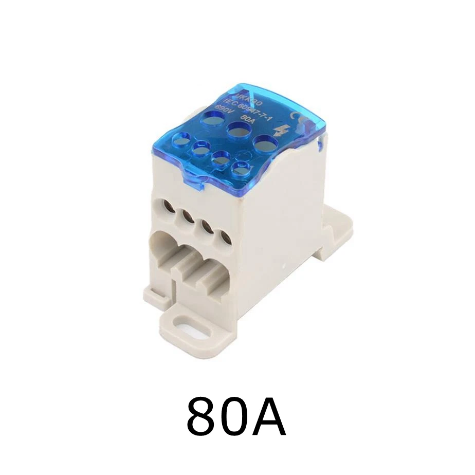 

UKK 80A Terminal Block 1 IN 6 OUT Guide Din Rail Distribution Junction Box Electric Wire Connector Blue