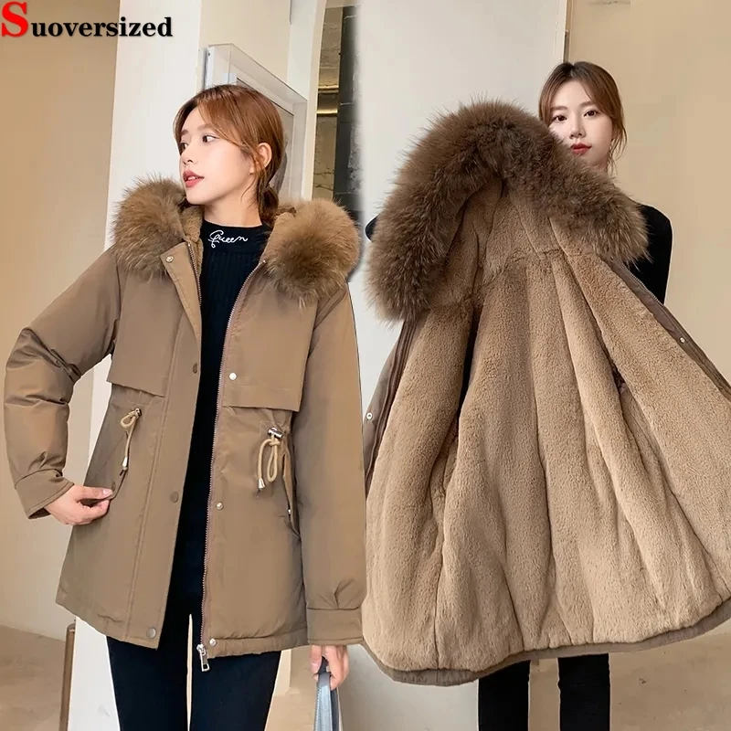 

Drawstring Korean Fashion Abrigos Snow Wear Jacket New Casual Women Overcoat Hooded Fur Collar Warm Winter Cotton Padded Parkas
