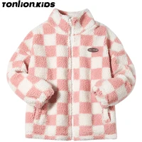 ton lion kids winter girls stand collar plush coat lovely patchwork square pink and white casual boutique girls clothing