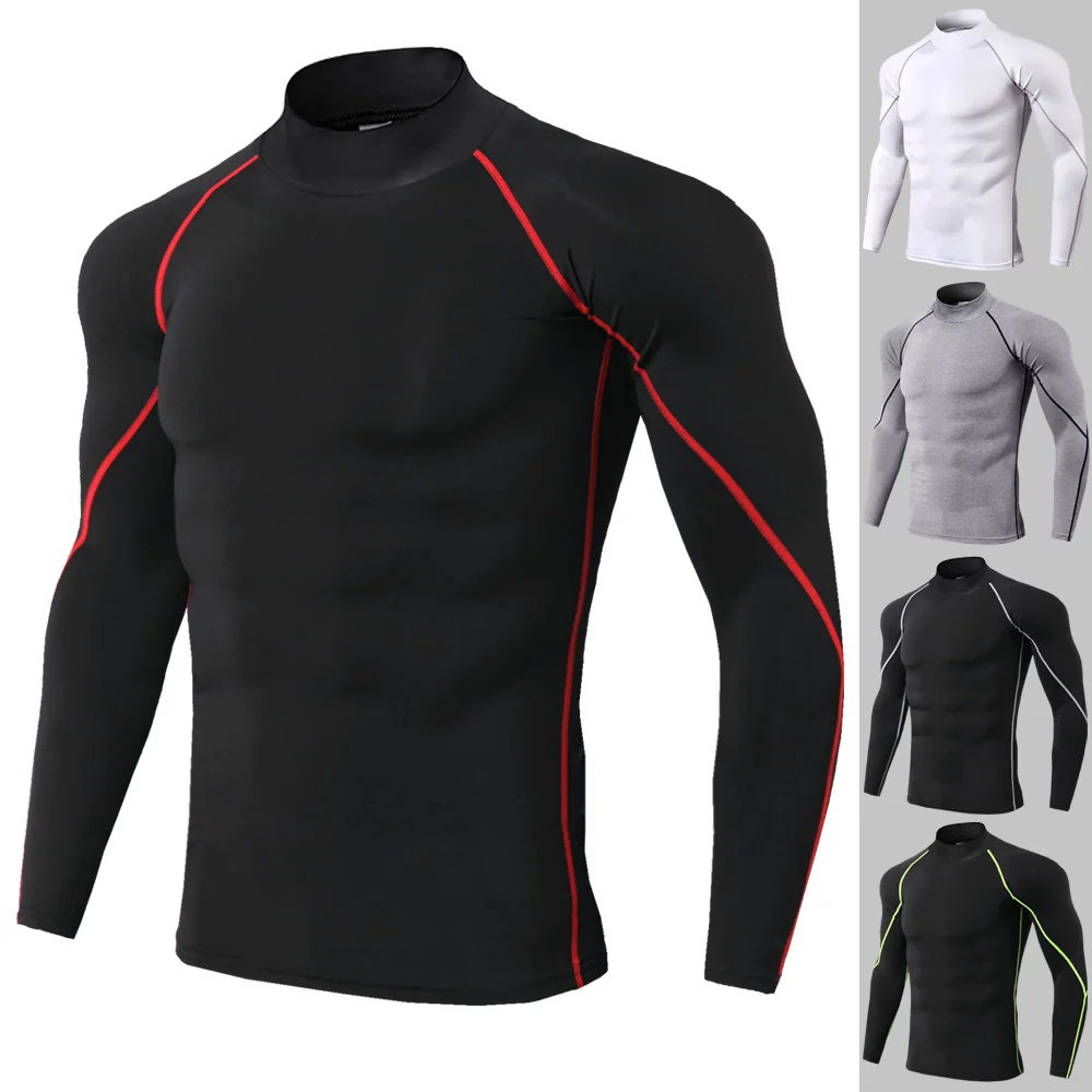 

S-3XL Men's High Collar Fitness Long Sleeve Sports Running T-shirt Autumn and Winter Elastic Fast Dry Sportswear