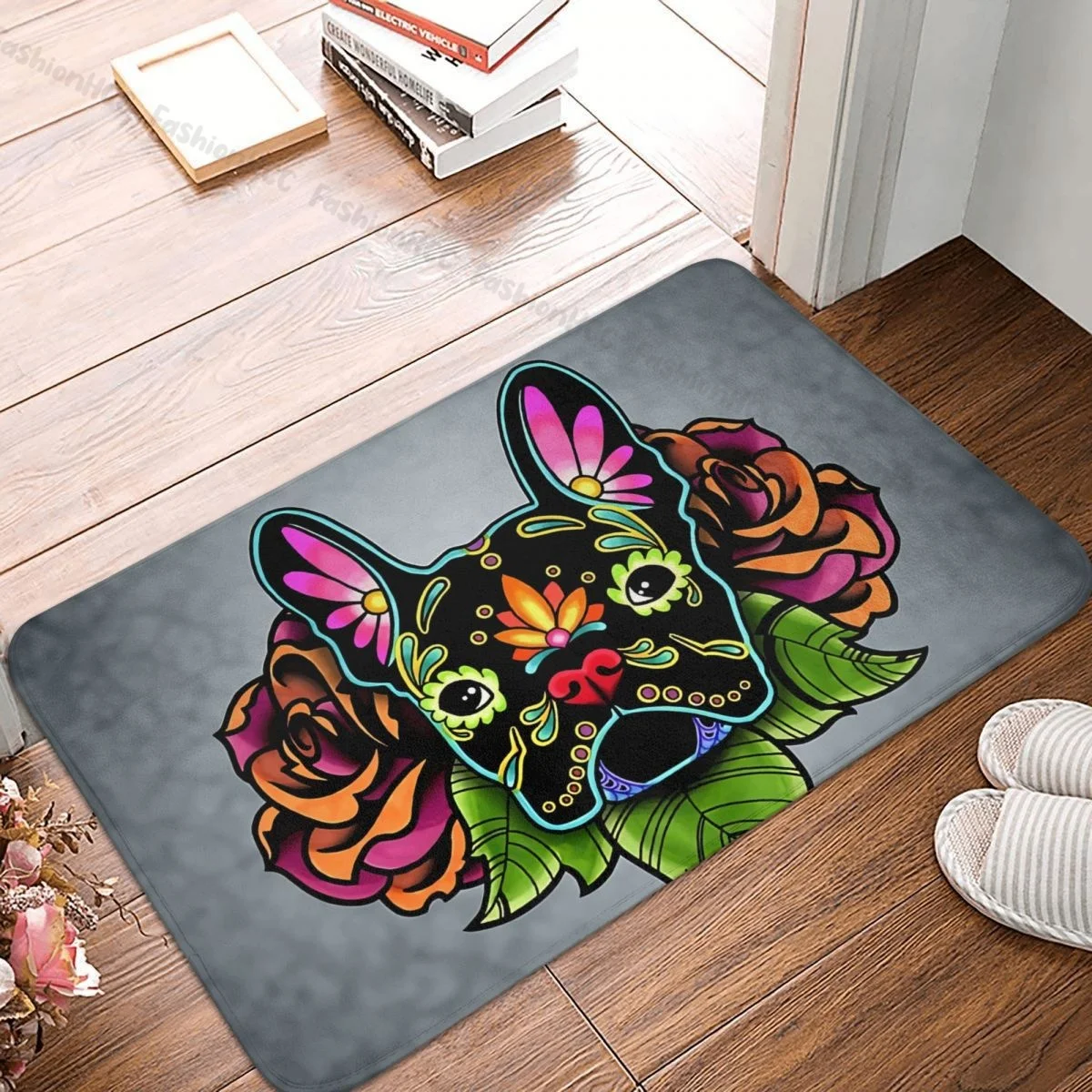 

French Bulldog Pet Non-slip Doormat Day Of The Dead Sugar Skull Dog Bath Bedroom Mat Prayer Carpet Indoor Modern Decor