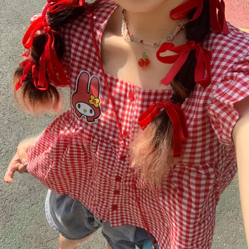 

Свободный удобный клетчатый Топ Sanrio My Melody с коротким рукавом, милая мультяшная девочка, милая Повседневная дикая рубашка, летняя креативная Новинка