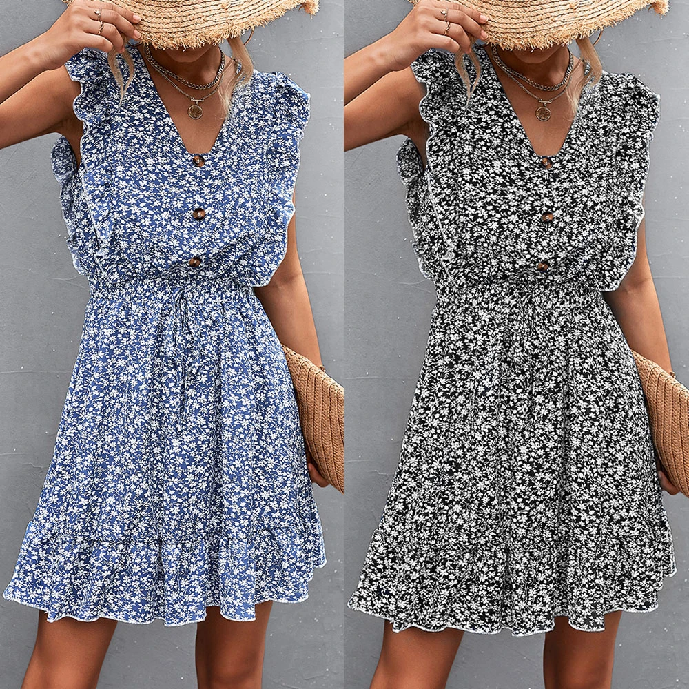 

2022 Spring Summer V-neck Button Lotus Leaf Sleeve Waist Women's Dresses Female Short Skirt Holiday Party Woman Vestido Feminino