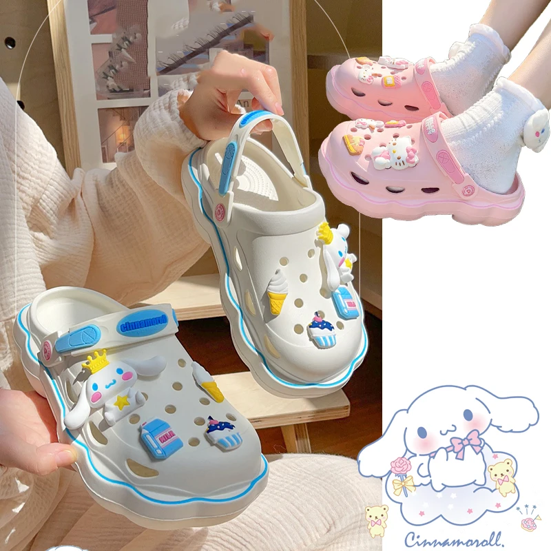 

Sanrio Kawaii Cinnamoroll Hello Kitty Kuromi мультфильм дырки обувь летние милые аниме Y2K девушки Нескользящие носимые сандалии
