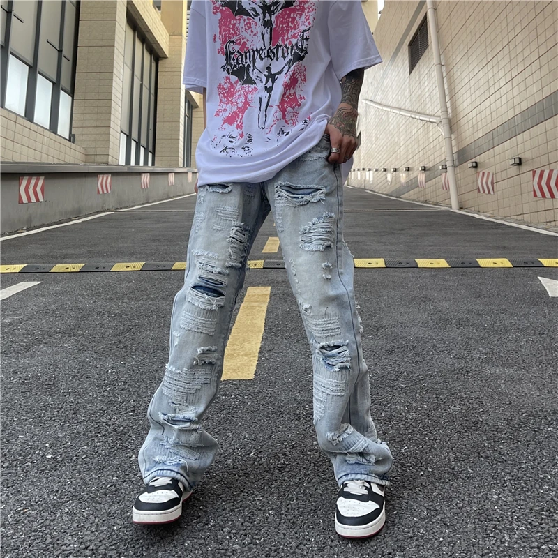 Ripped Hole Retro Washed Mens Jeans Streetwear Distressed Casual Baggy Denim Trousers Harajuku Straight Vibe Style Loose Pants