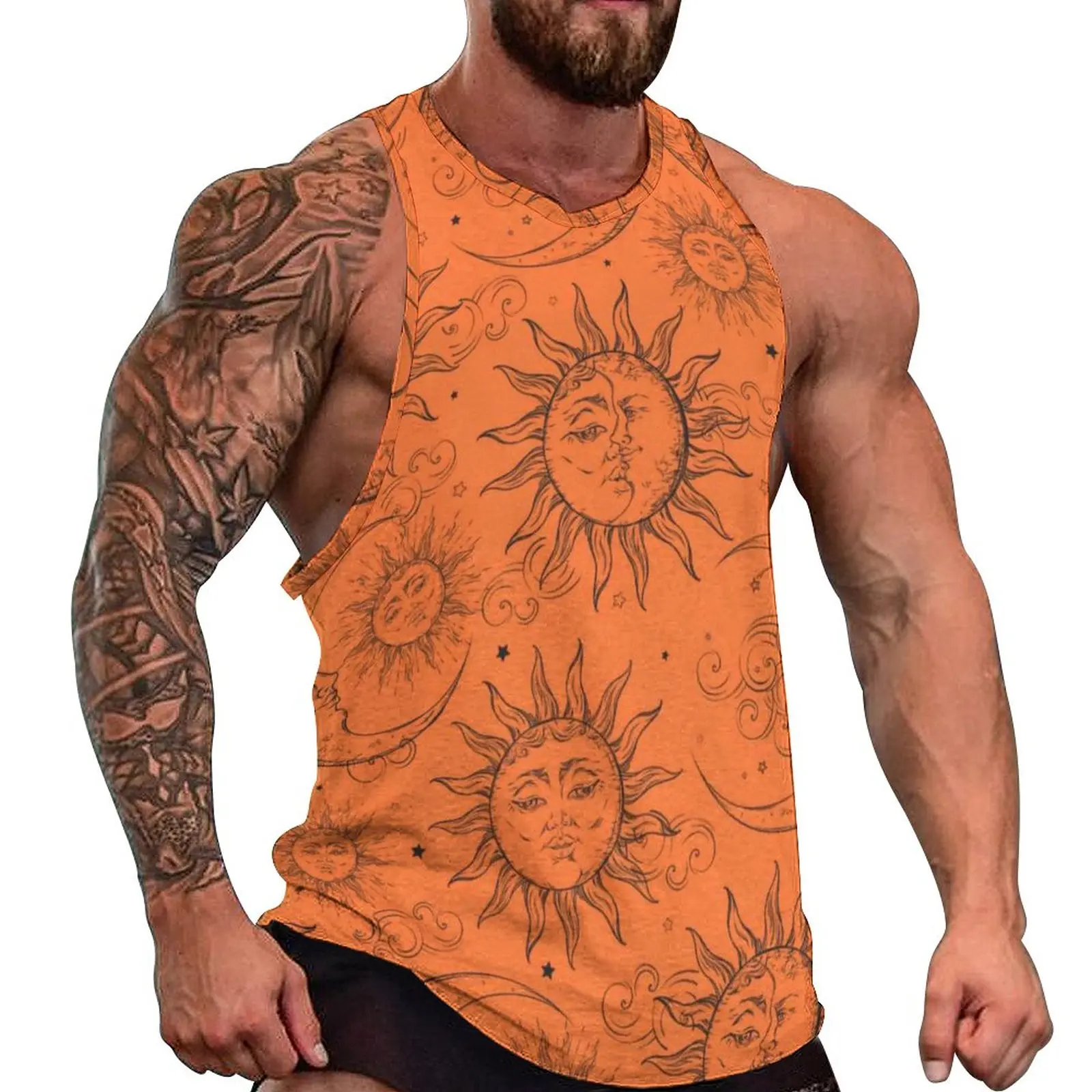 

Vintage Sun Moon Stars Tank Top Man's Orange Magic Celestial Tops Summer Custom Workout Fashion Oversized Sleeveless Shirts