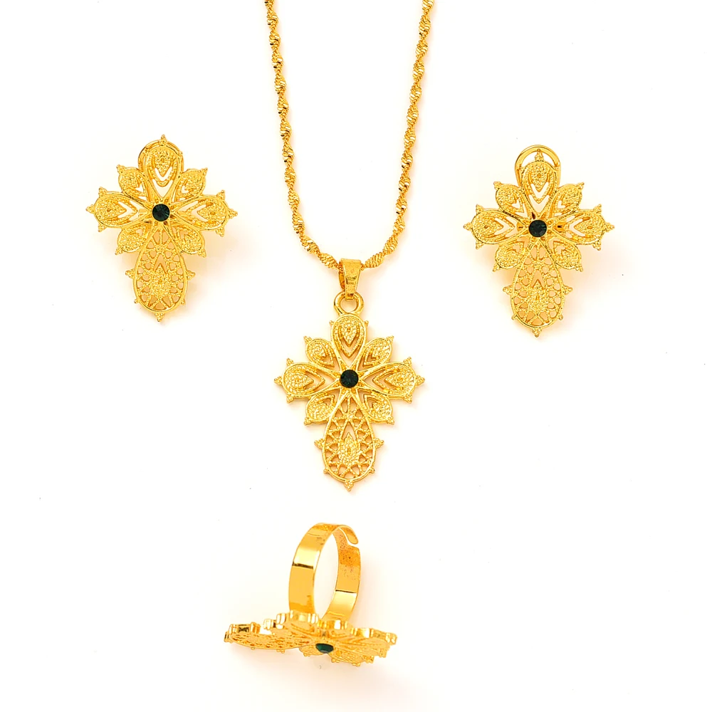 

Fashion Cute Cross Jewelry Gold Girl Brida Jewelry Set for Women Necklace Earrings Set Party Accessories Dubai India Africa Gift