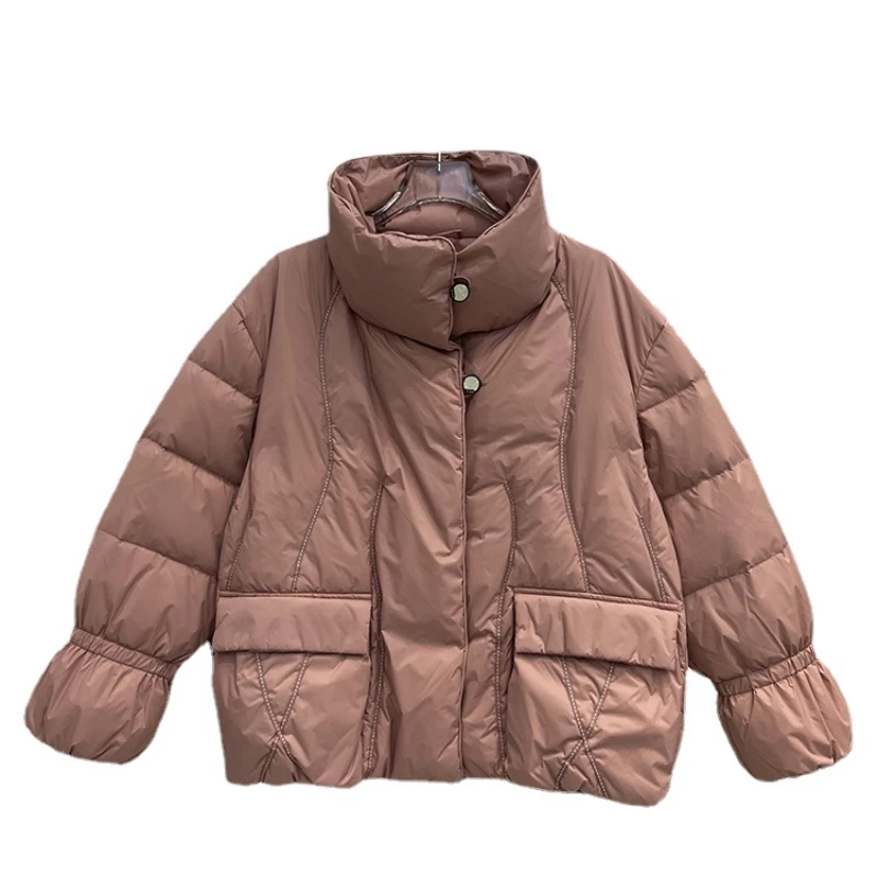 

Winter 2022 New Stand Collar Women's Down Jacket Fashion Korean Ribbon Pure Color Coat Long Sleeve Warm Casual Clothes F968