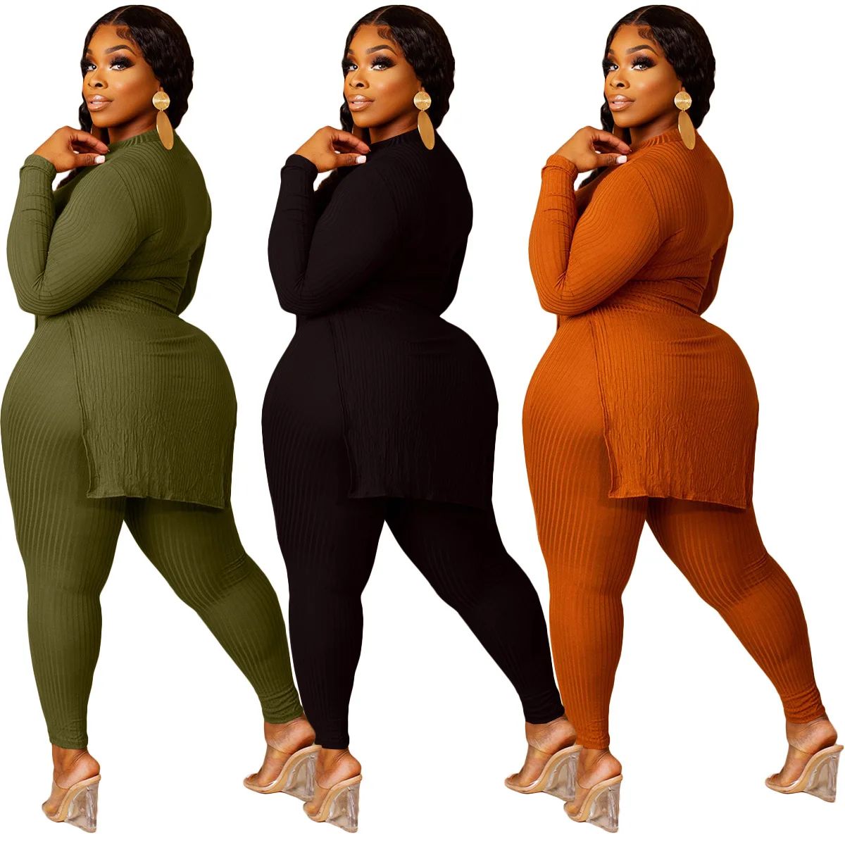 Plus Size Women Sets Ribbed Bandage Long Tops And Pants 2022 Fall Two Piece Sets Female Designer Cloth Casual Tracksuit Outfits
