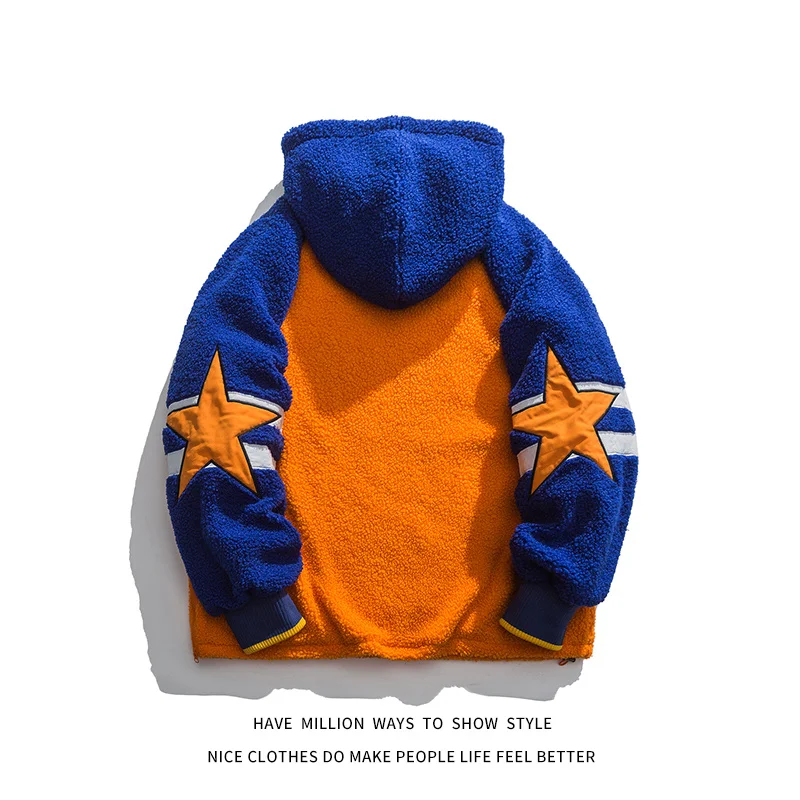 Embroid Star New Winter Collection Thick Warm Patchwork Lambswool Man Hoodie Unisex Women Lamb Wool Sweatshirt Pullovers Street