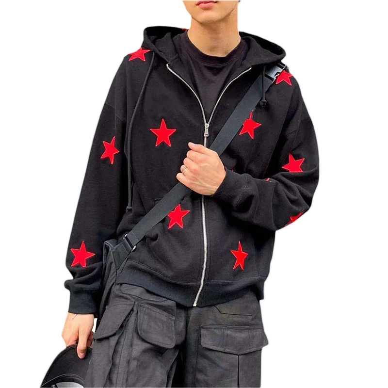 

Fashion Unisex Coat, Star Embroidery Long Sleeve Hooded Jacket with Zipper Spring Autumn Hoodies & Sweatshirts, M/L/XL/XXL