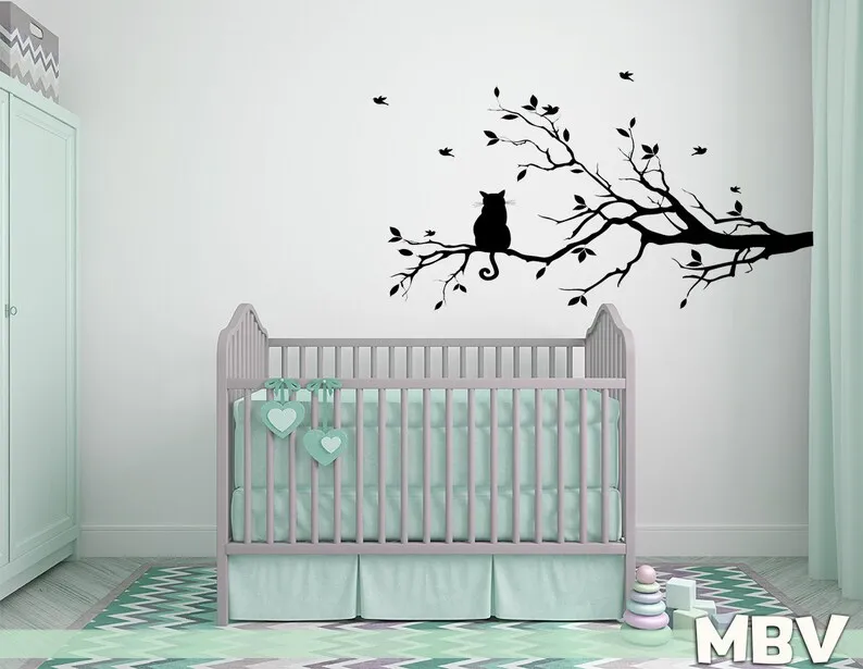 

Cat on branch Wall Decor - Cat Decal tree branches flying birds Wall Art - Cat Wall Decal - Vinyl sticker living nursery nature