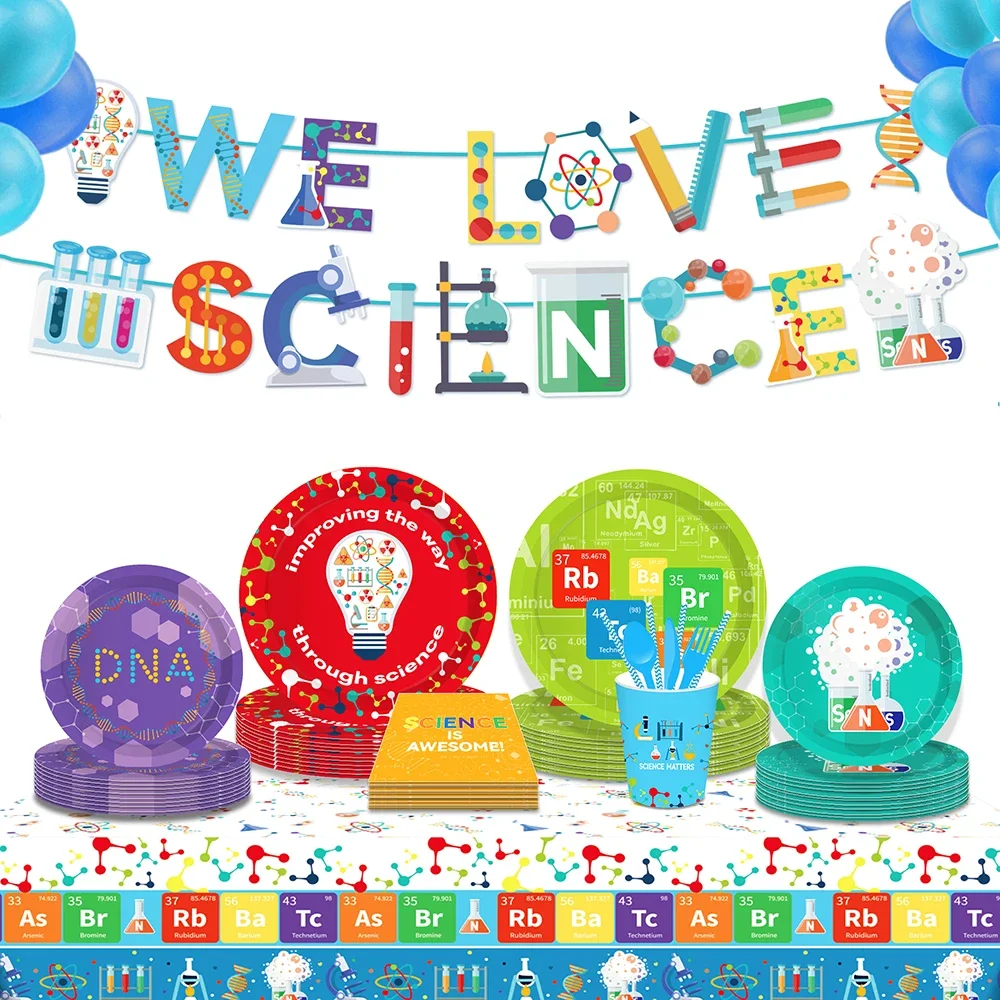 

School Cosplay Scientist Science DNA Birthday Party Disposable Tableware Sets Tablecovers Banners Baby Shower Party Decorations