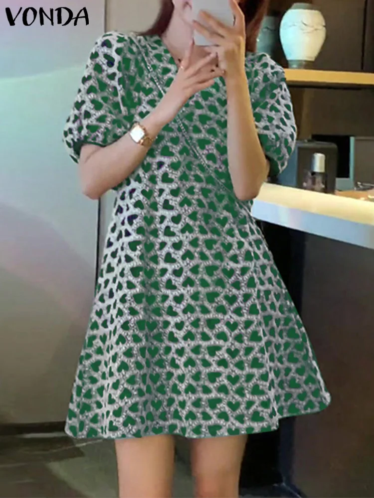 

Holiday Summer Vintage Mini Dress 2023 VONDA Fashion Women Heart Printed Short Sleeve Sundress Casual Loose V-Neck Beach Robe
