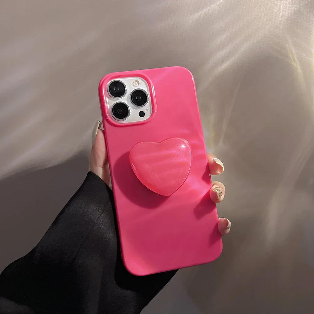

Solid color simple phone case with stand phone case for iphone 12 pro max peach heart bracket case rose red soft phone cover