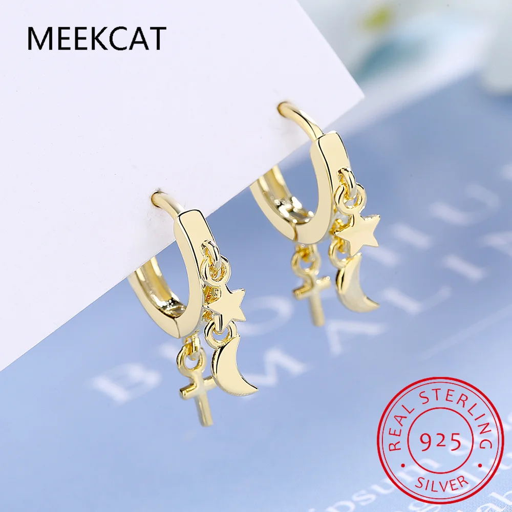 Серьги-кольца из стерлингового серебра 925 пробы со звездами и луной серьги-кольца