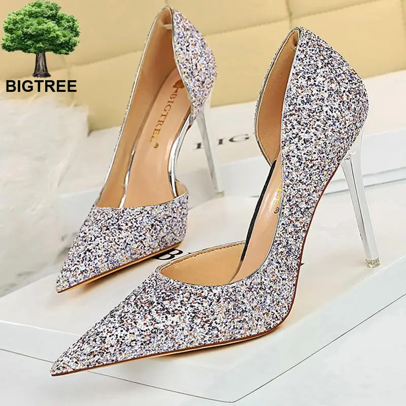 

BIGTREE Shoes Sequins Kitten Heels Woman Pumps Sexy Wedding Shoes High Heels Ladies Shoes Metal Heel Heeled Shoes Plus Size 43