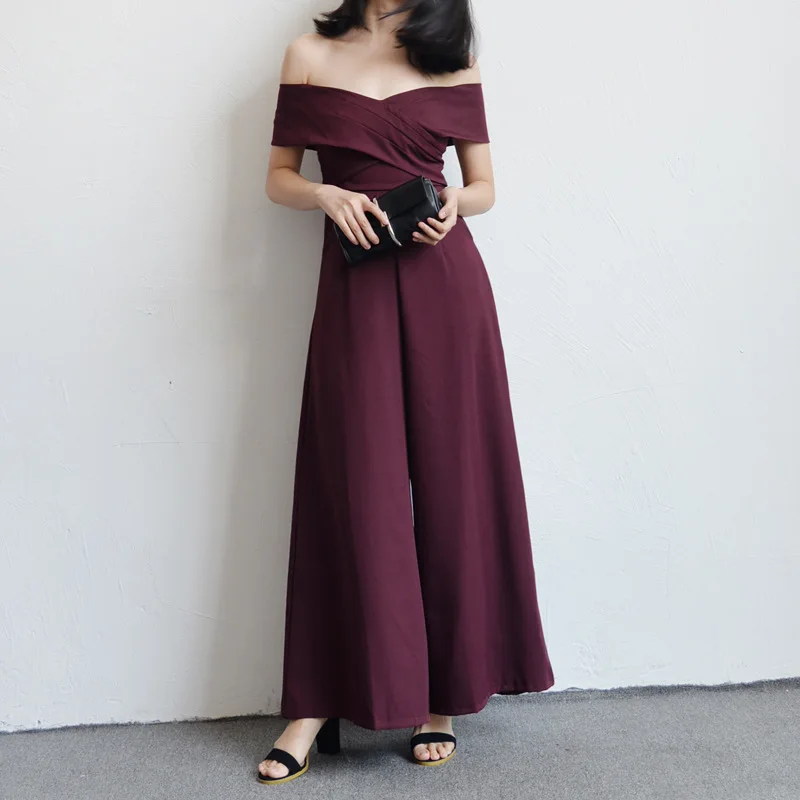 

2022 Весна Осень Женские повседневные длинные однотонные шифоновые Комбинезоны с открытыми плечами Элегантные Свободные Комбинезоны комбинезон с широкими штанинами