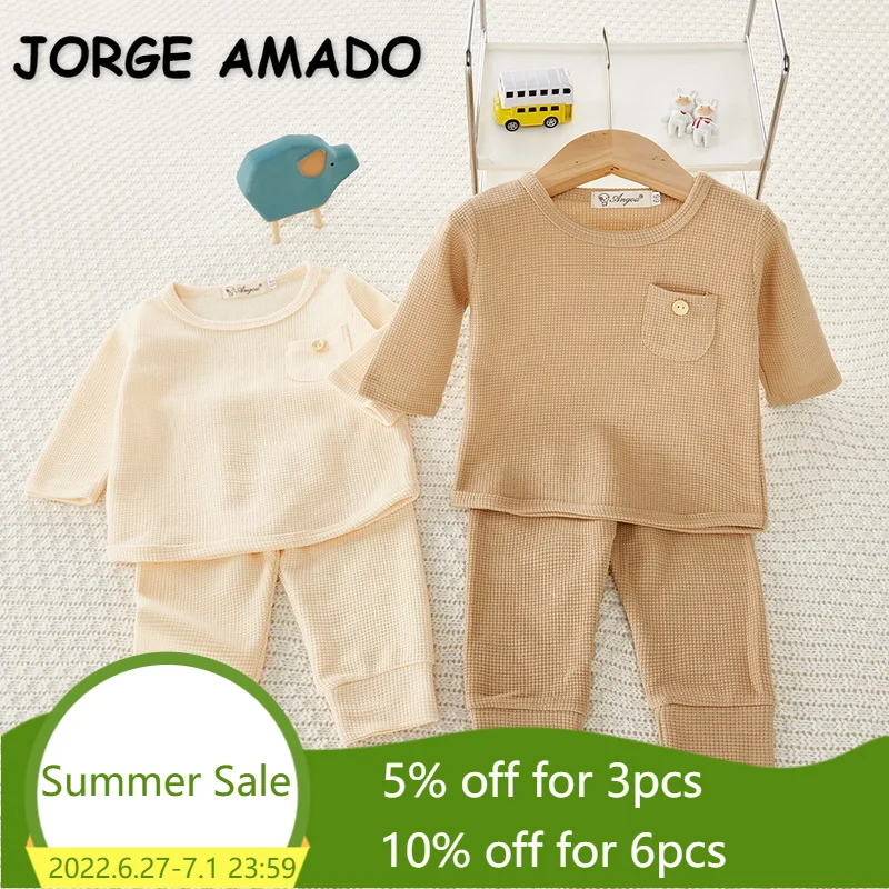 

2022 Spring Baby Girl Boy 2pcs Sets Apricot Coffee Long Sleeves Round Color Waffle Simple Basic Top+Pants Child Clothes E211