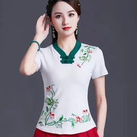 cheongsam womens plus size stand collar tops 2022 summer cotton blend embroidery short sleeve tradition chinese style shirts