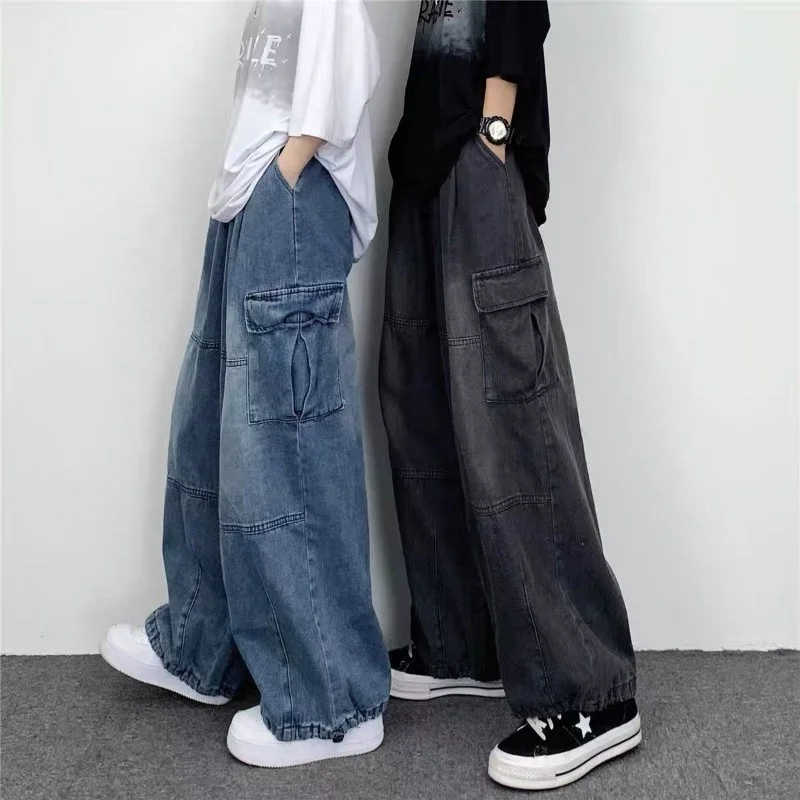 

Jeans Men's High Street Retro Washed Women Oversize Drop Loose Wide-leg Overalls Pockets Casual Denim Pants Cowboy Trousers