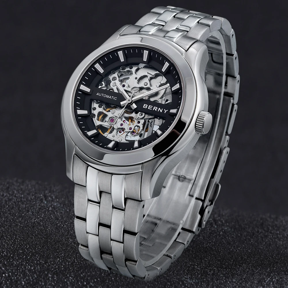 

BERNY Skeleton Men's Mechanical Watch Luxury Miyota 8N24 Sapphire Exhibition Automatic Self Winding Wristwatch Waterpoof 5ATM