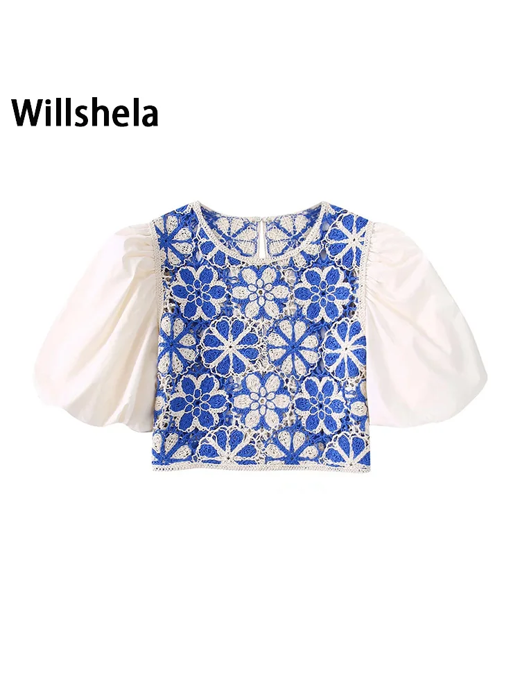 

Willshela женские модные Лоскутные открытые укороченные рубашки, винтажные короткие пышные рукава, круглый вырез, Женский шикарный женский уко...