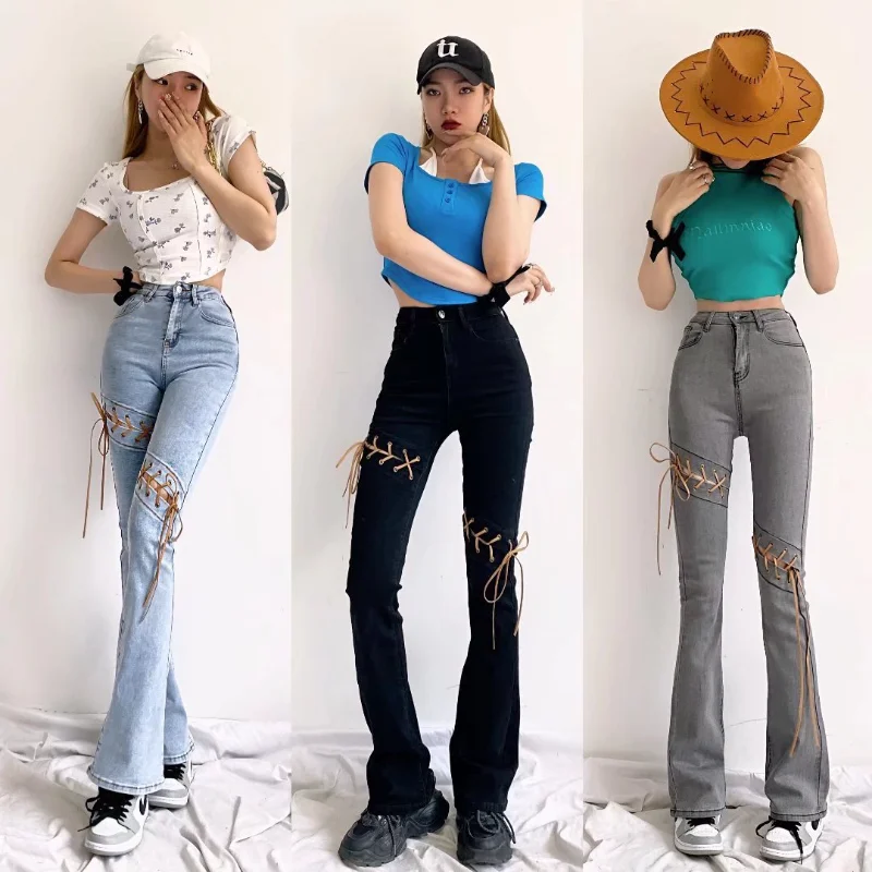 Bmissingyou Fashion Lace Up Skinny Denim Jeans Y2k Hot Girl Streetwear Black Leggings Pants With Pockets Pencil Trousers 2023