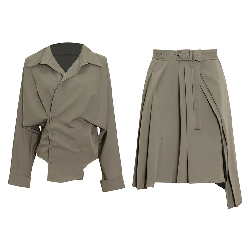 

SuperAen 2022 Autumn New Skirt Suit Irregular Solid Turn Down Collar Shirt+short Female Two Pieces Sets
