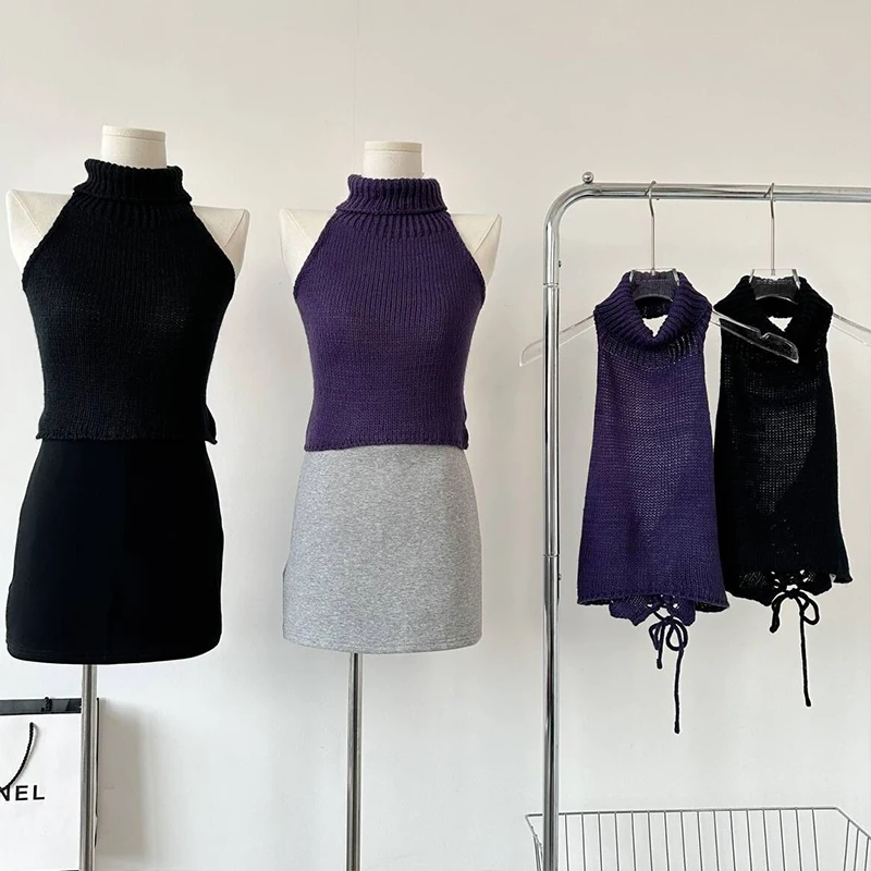 

Пикантный Вязаный топ с завязками на спине для женщин, короткий дизайнерский однотонный пуловер с открытой спиной и высоким воротником, свитер, блузки