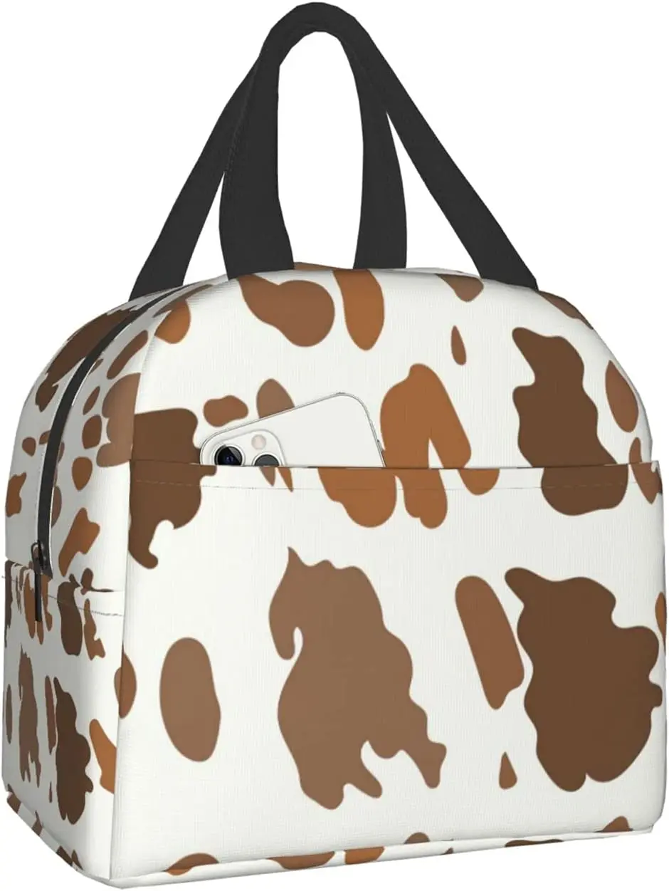 

Brown Cow Pattern Lunch Box Travel Bag Picnic Bags Insulated Durable Shopping Bag Back To School Reusable Waterproof Bags