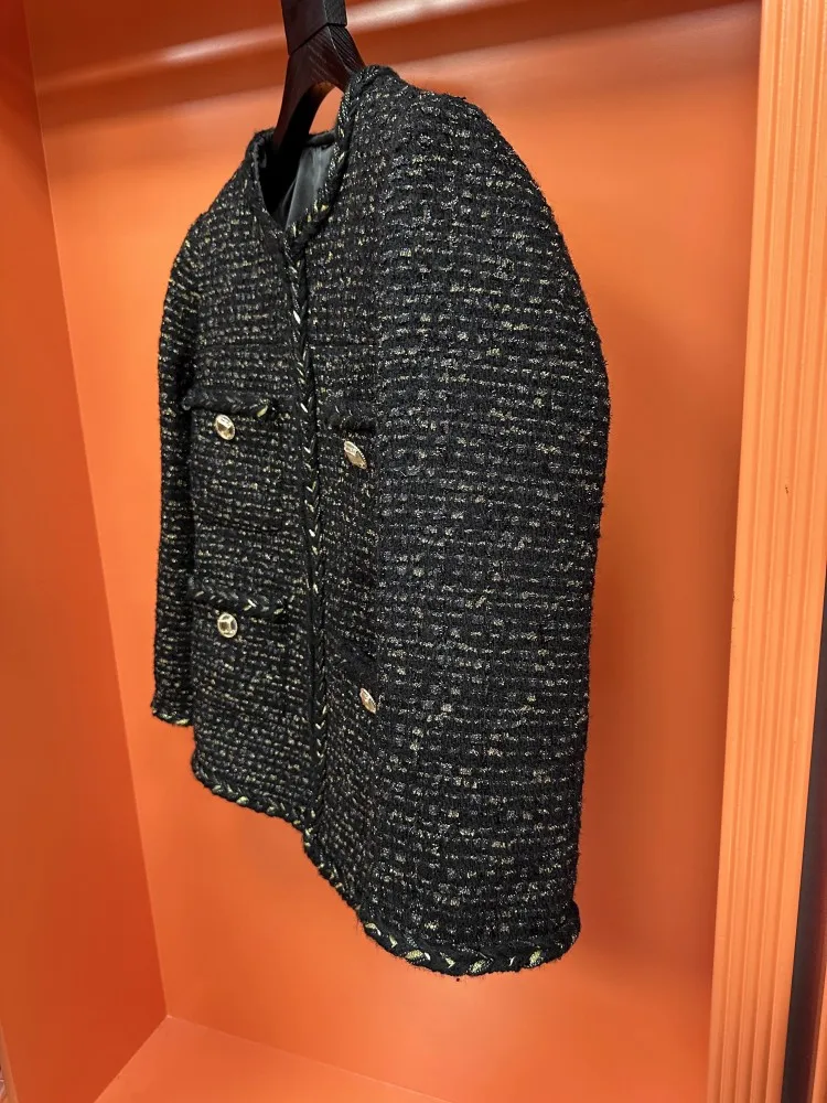 Винтажная женская весенне-осенняя твидовая куртка с круглым вырезом и карманами