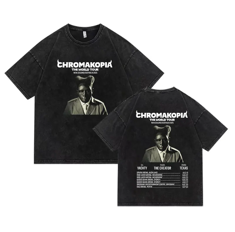 Vintage Washed Tyler The Creator Chromakopia Tour 2025 T Shirts Unisex Hip Hop Gothic Short Sleeve T-shirt Y2k Men's Streetwear