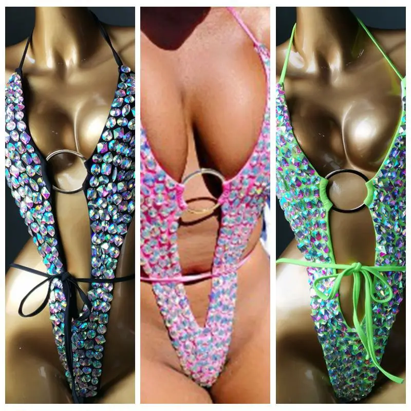 2022 Diamond Stick Nightclub Swimsuit Bikini New High Waist Sexy One-piece Swimsuit  Push Up Bikini V-neck  Bikini Bandage